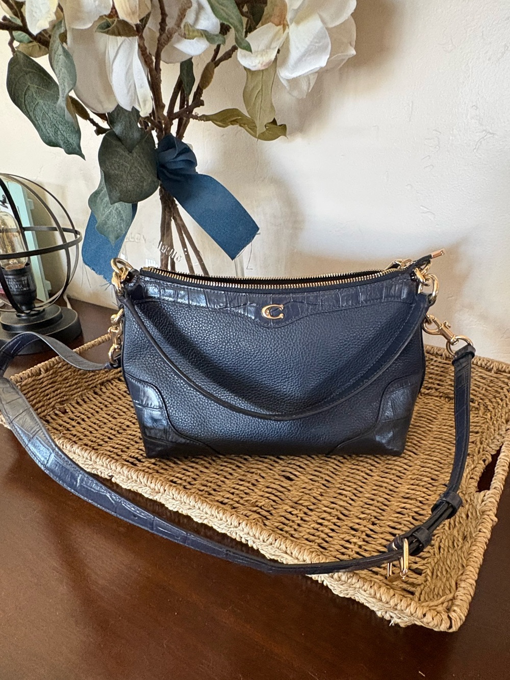 Coach Midnight Pebbled Leather Shoulder Bag with Gold Hardware